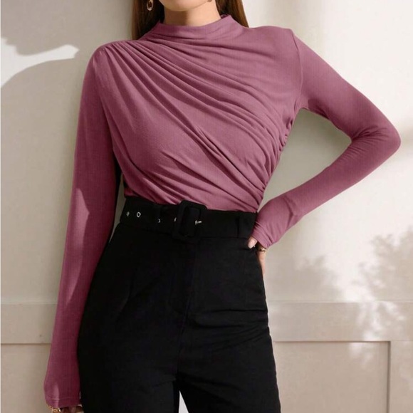 Elegant Classy Work Office Long Sleeve Ruched Top Blouse - Picture 7 of 8